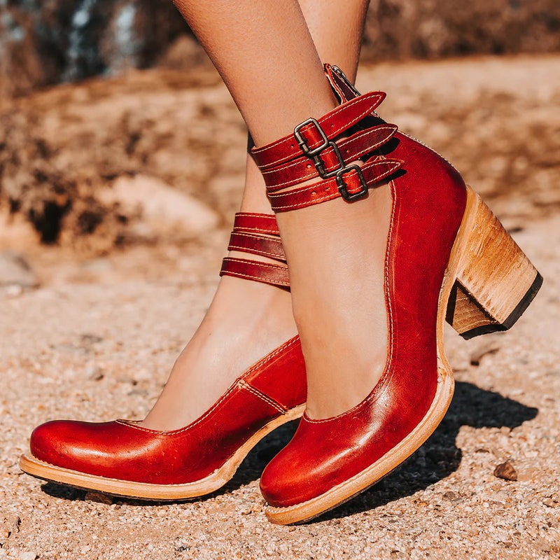 Scarlett - Vintage Women's Orthopedic Block Heel Shoes with Double Buckle Ankle Strap and Round Toe