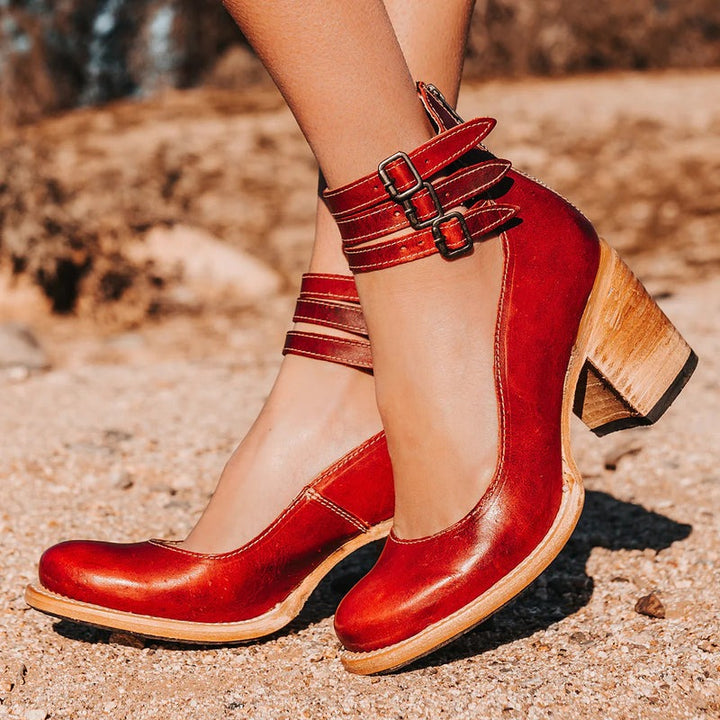 Scarlett - Vintage Women's Orthopedic Block Heel Shoes with Double Buckle Ankle Strap and Round Toe