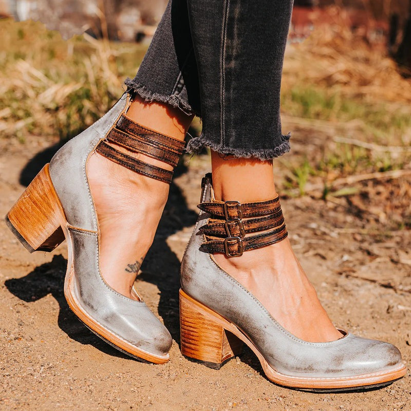 Scarlett - Vintage Women's Orthopedic Block Heel Shoes with Double Buckle Ankle Strap and Round Toe