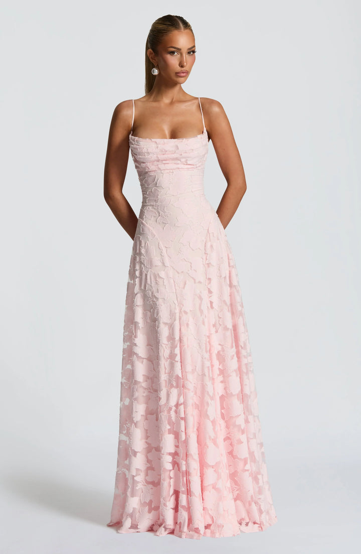 Seraphina - Elegant Women's Wedding Guest Maxi Dress with Square Neck and Floral Appliqué