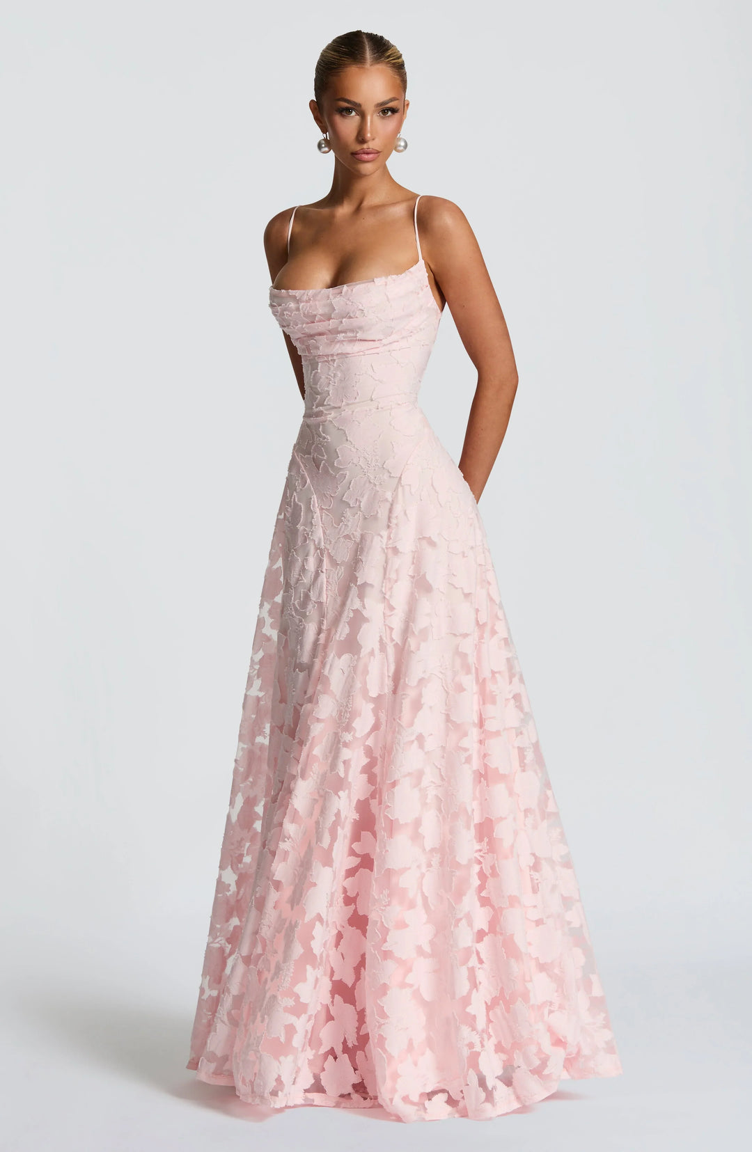 Seraphina - Elegant Women's Wedding Guest Maxi Dress with Square Neck and Floral Appliqué