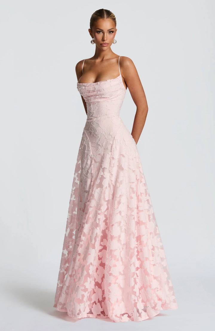 Seraphina - Elegant Women's Wedding Guest Maxi Dress with Square Neck and Floral Appliqué