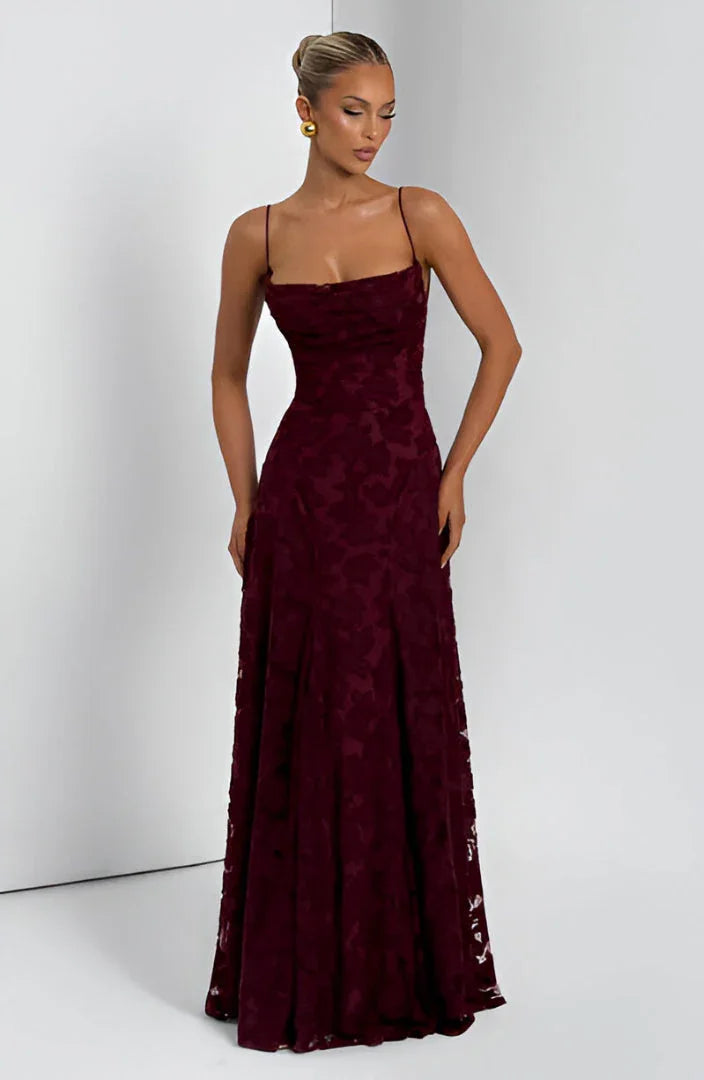 Seraphina - Elegant Women's Wedding Guest Maxi Dress with Square Neck and Floral Appliqué