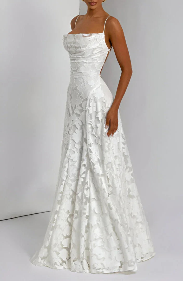 Seraphina - Elegant Women's Wedding Guest Maxi Dress with Square Neck and Floral Appliqué