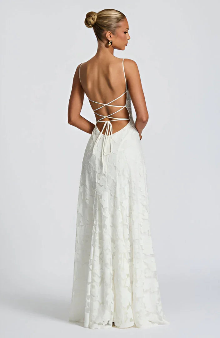 Seraphina - Elegant Women's Wedding Guest Maxi Dress with Square Neck and Floral Appliqué