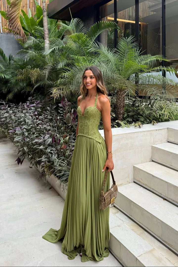 Serena - Flowy Women's Wedding Guest Dress with Halter Neck and Pleated Maxi Skirt