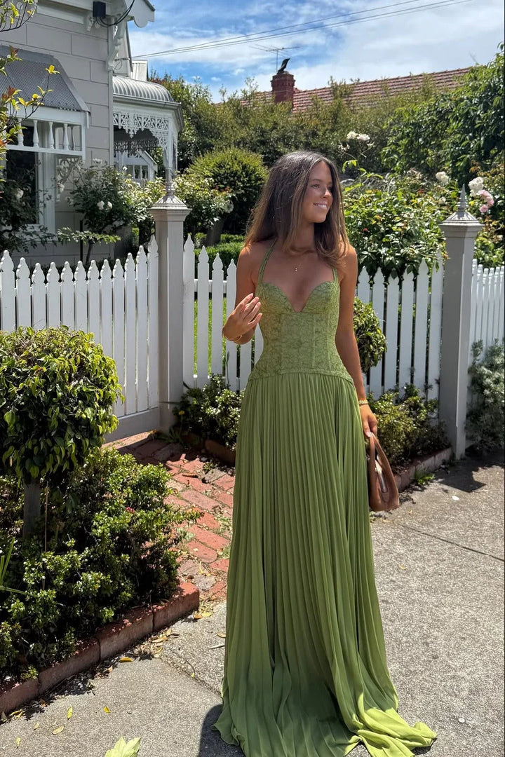 Serena - Flowy Women's Wedding Guest Dress with Halter Neck and Pleated Maxi Skirt