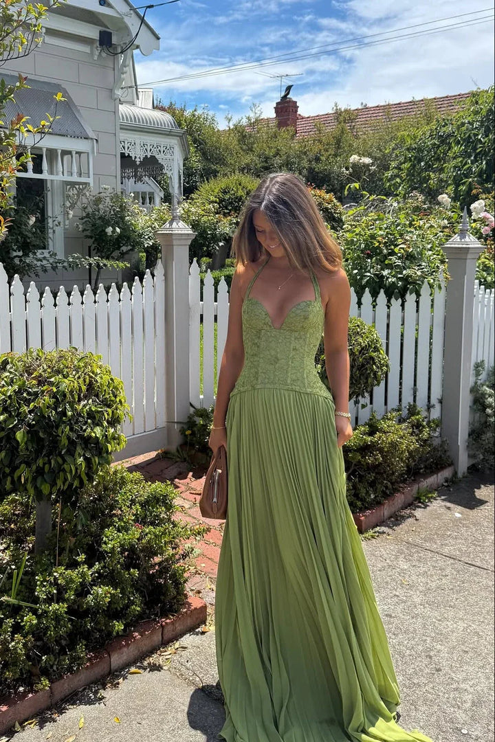 Serena - Flowy Women's Wedding Guest Dress with Halter Neck and Pleated Maxi Skirt