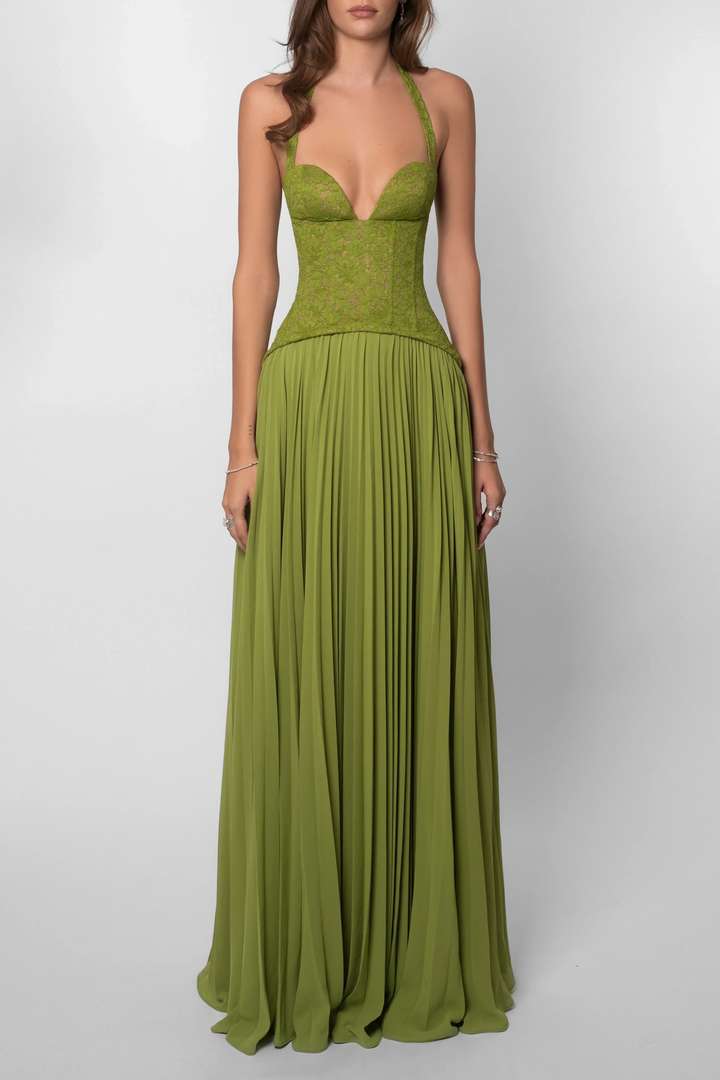Serena - Flowy Women's Wedding Guest Dress with Halter Neck and Pleated Maxi Skirt