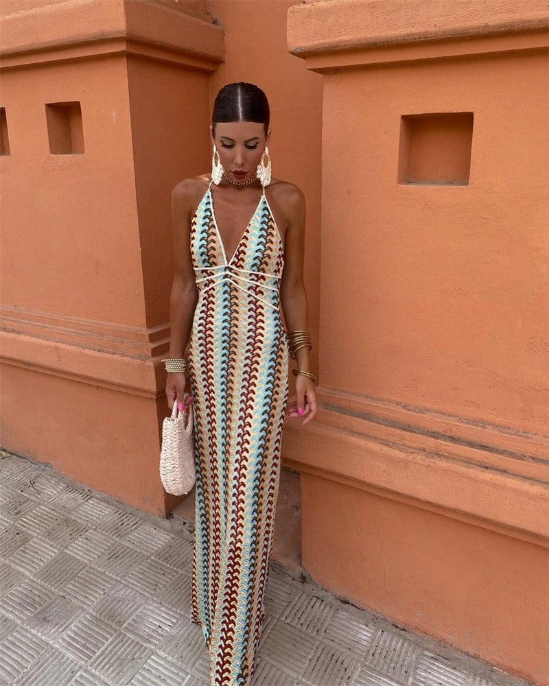 Sienna - Boho Women's Wedding Guest Maxi Dress with Deep V Neck and Geometric Knit Pattern