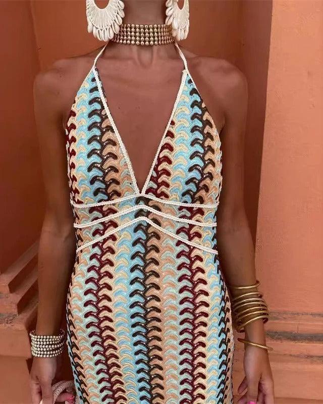 Sienna - Boho Women's Wedding Guest Maxi Dress with Deep V Neck and Geometric Knit Pattern