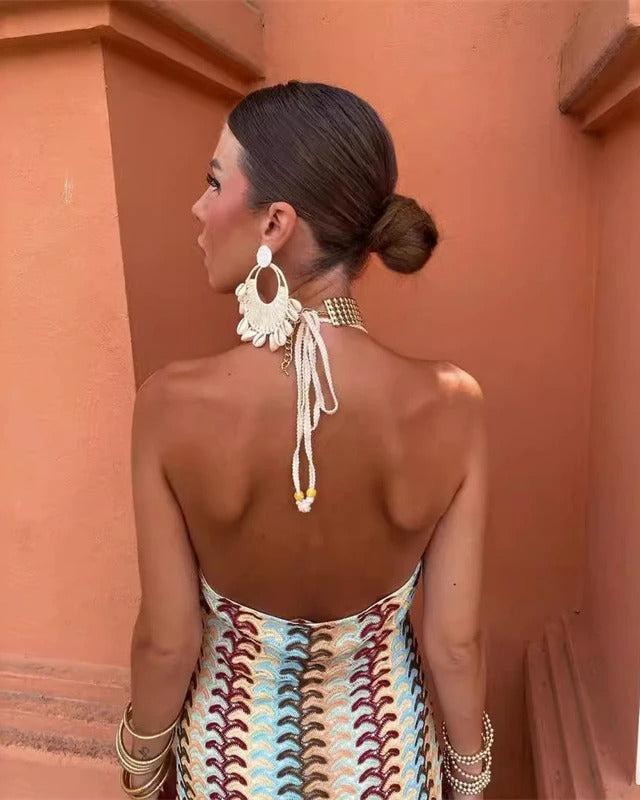 Sienna - Boho Women's Wedding Guest Maxi Dress with Deep V Neck and Geometric Knit Pattern