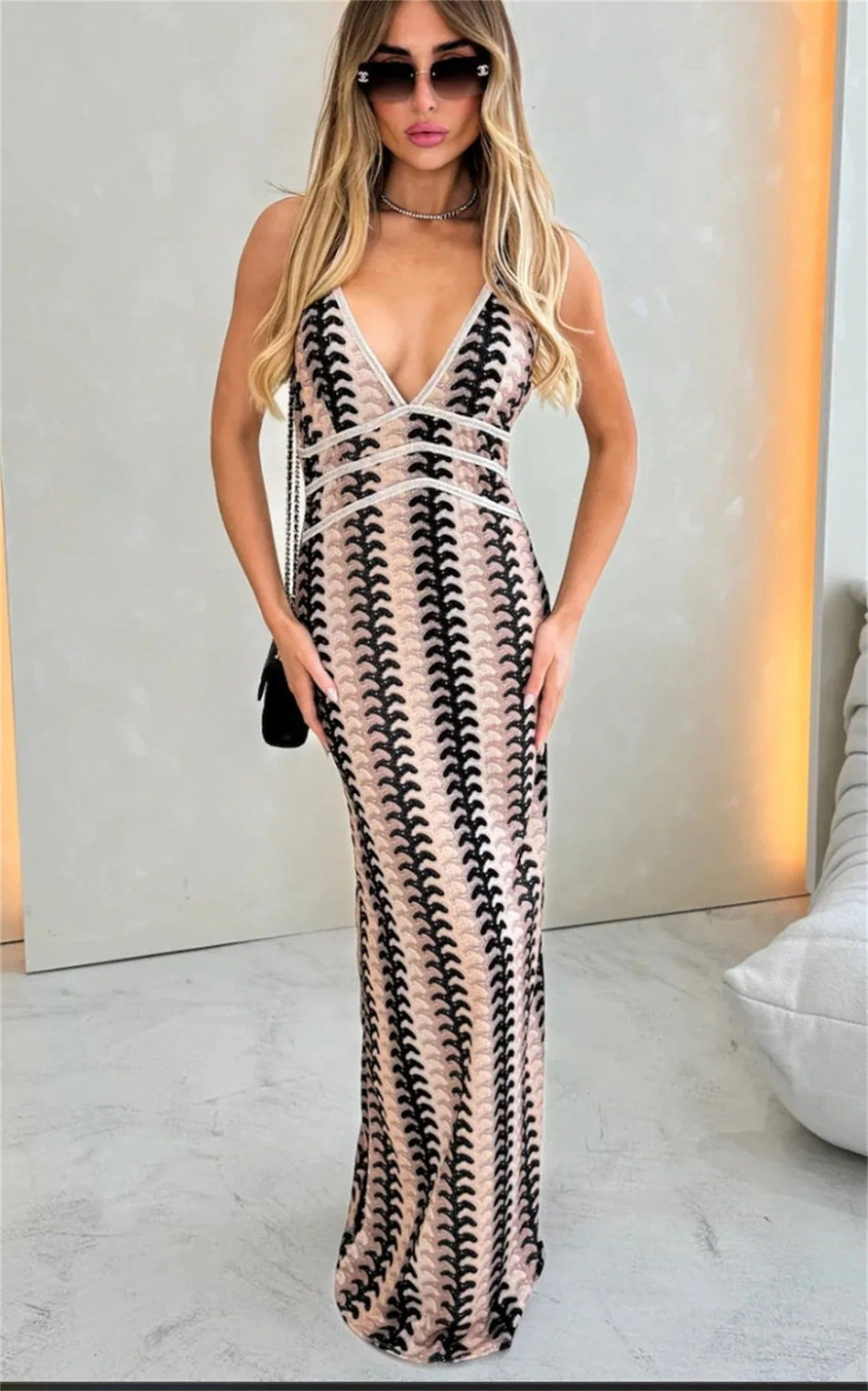 Sienna - Boho Women's Wedding Guest Maxi Dress with Deep V Neck and Geometric Knit Pattern