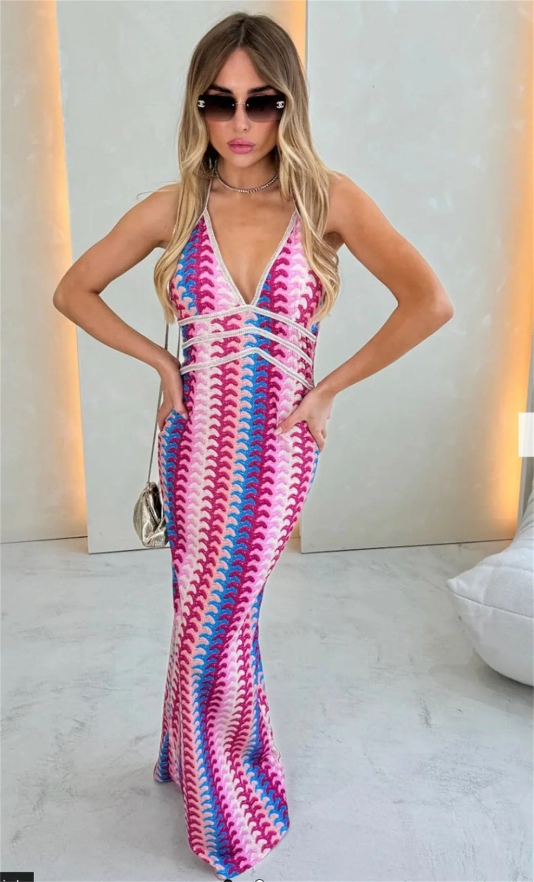 Sienna - Boho Women's Wedding Guest Maxi Dress with Deep V Neck and Geometric Knit Pattern