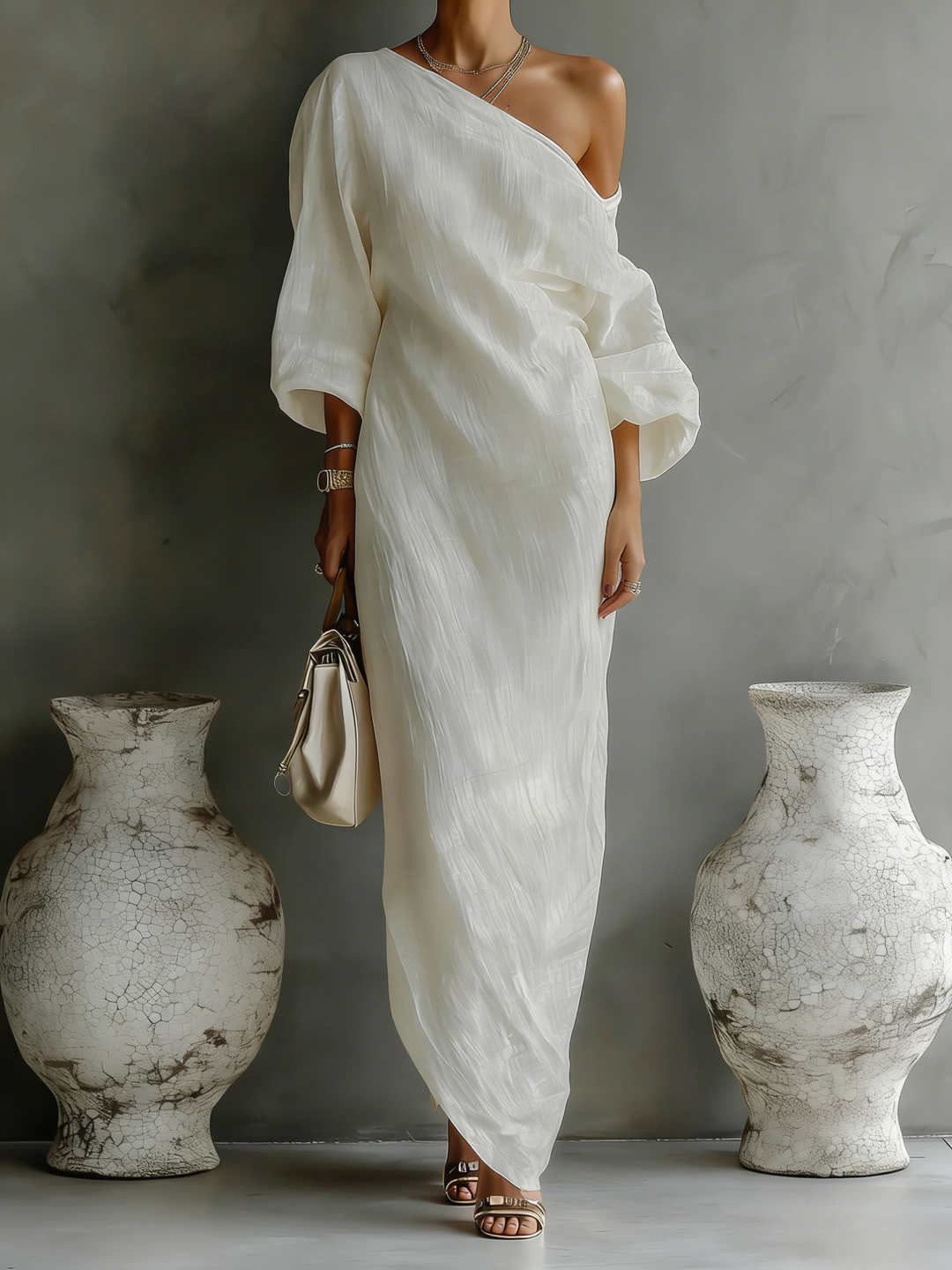 Sophia - Elegant Women's Linen Maxi Dress with One-Shoulder Neckline and Batwing Sleeves