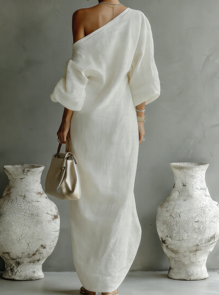 Sophia - Elegant Women's Linen Maxi Dress with One-Shoulder Neckline and Batwing Sleeves