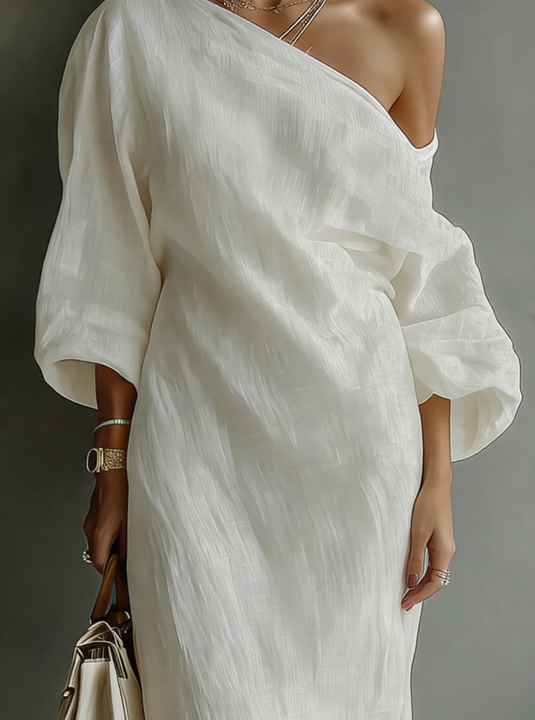 Sophia - Elegant Women's Linen Maxi Dress with One-Shoulder Neckline and Batwing Sleeves