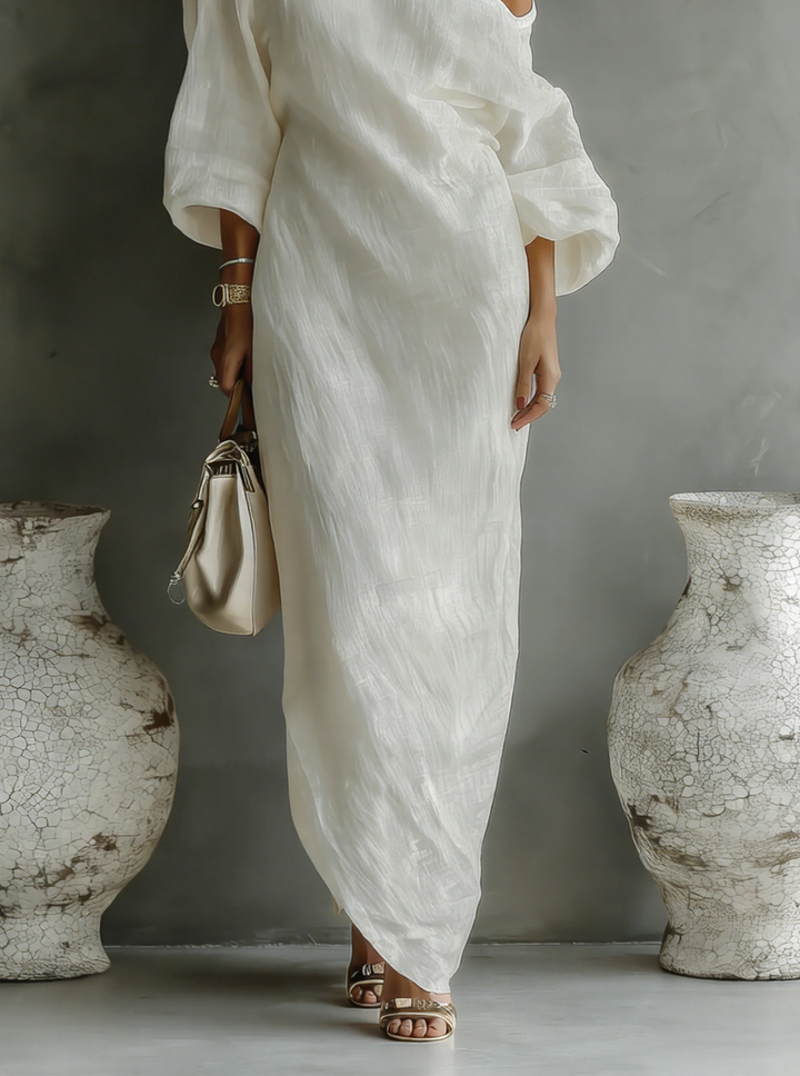 Sophia - Elegant Women's Linen Maxi Dress with One-Shoulder Neckline and Batwing Sleeves