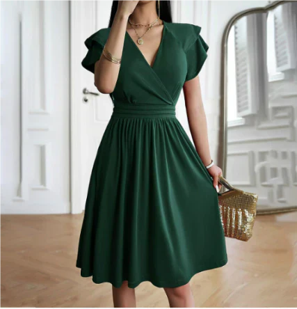 Sophia - Elegant Women's Wedding Guest Dress with Wrap V-Neck and Flutter Sleeves