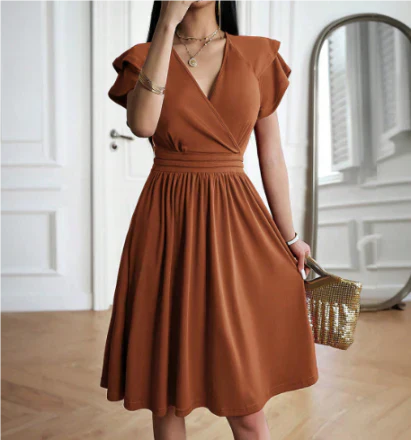Sophia - Elegant Women's Wedding Guest Dress with Wrap V-Neck and Flutter Sleeves