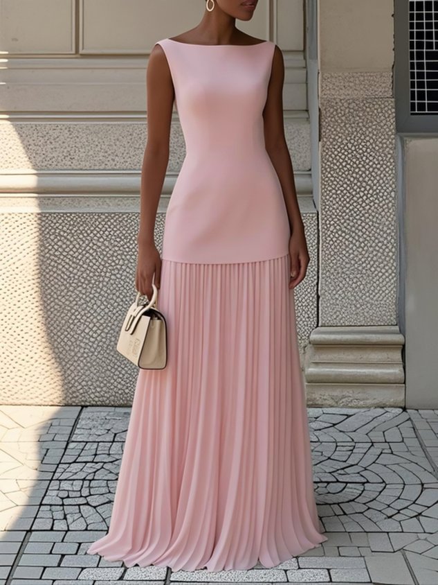 Sophia - Elegant Women's Wedding Guest Maxi Dress with Bateau Neck and Pleated Skirt
