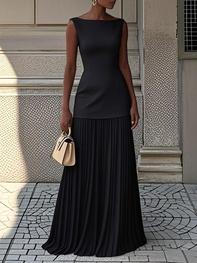 Sophia - Elegant Women's Wedding Guest Maxi Dress with Bateau Neck and Pleated Skirt