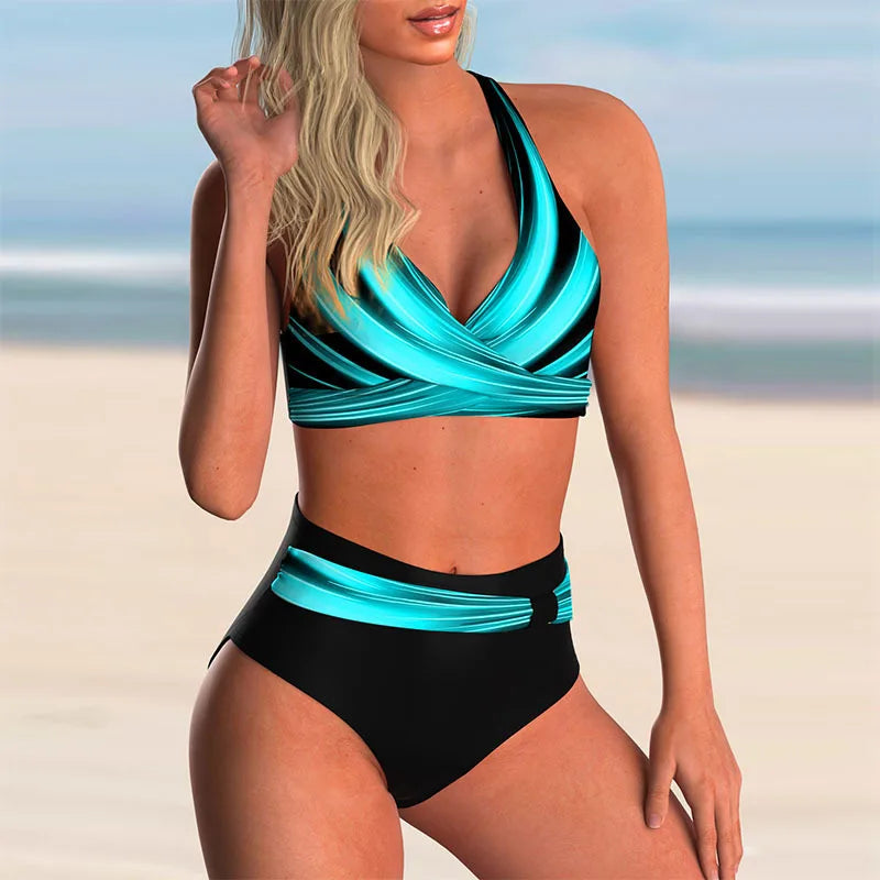 Sophia - Trendy Women's Swimsuit Bikini Set with Halter Wrap Top and High Waist Bottoms