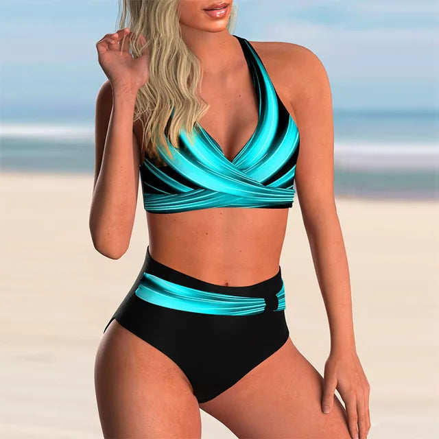 Sophia - Trendy Women's Swimsuit Bikini Set with Halter Wrap Top and High Waist Bottoms