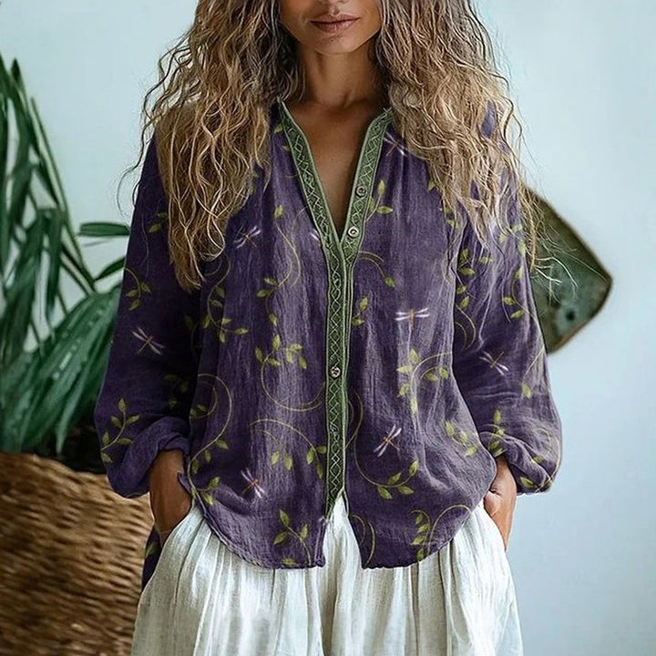 Sophie - Boho Women's Linen Blouse with V-Neck and Chest Pockets