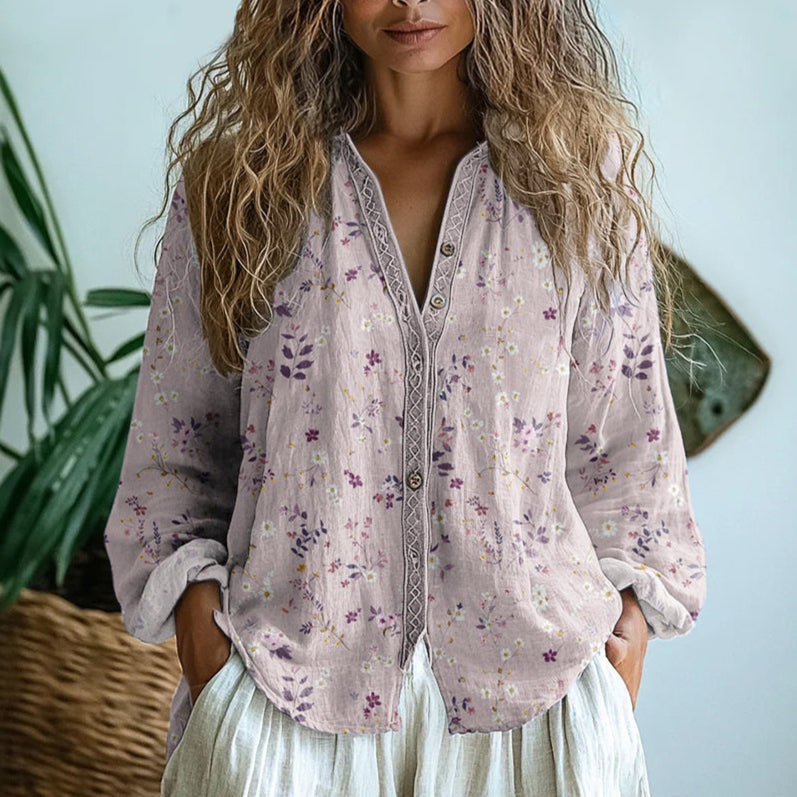 Sophie - Boho Women's Linen Blouse with V-Neck and Chest Pockets