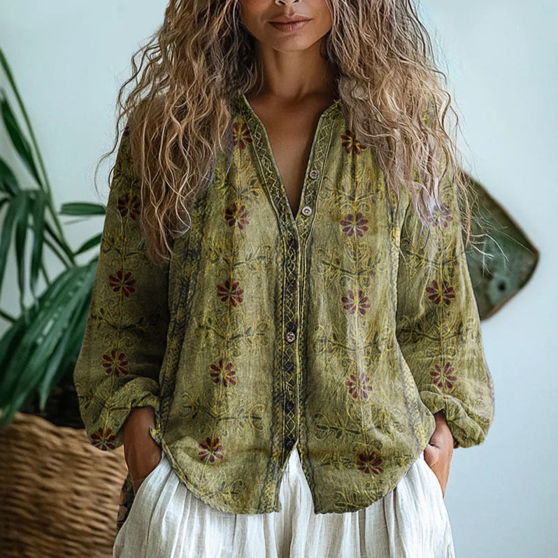 Sophie - Boho Women's Linen Blouse with V-Neck and Chest Pockets