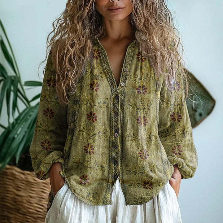 Sophie - Boho Women's Linen Blouse with V-Neck and Chest Pockets