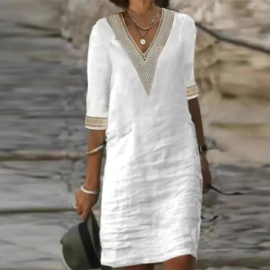Sophie - Boho Women's Summer Dress with V-Neck and Crochet Trim Detail
