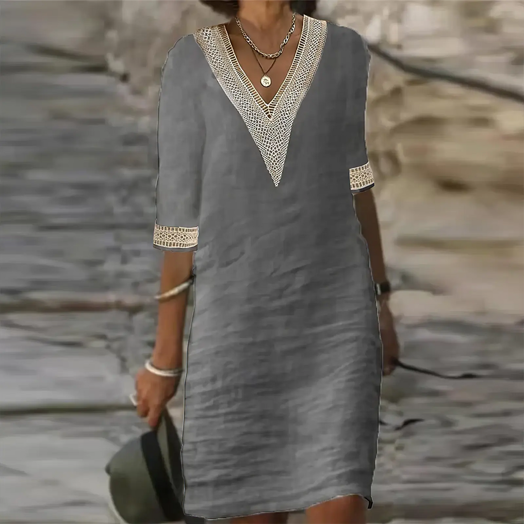 Sophie - Boho Women's Summer Dress with V-Neck and Crochet Trim Detail