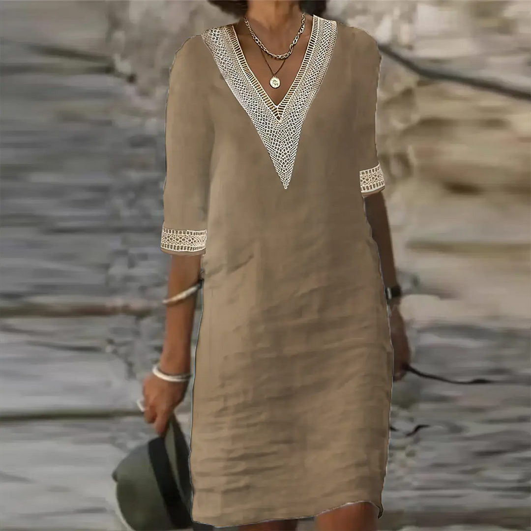 Sophie - Boho Women's Summer Dress with V-Neck and Crochet Trim Detail
