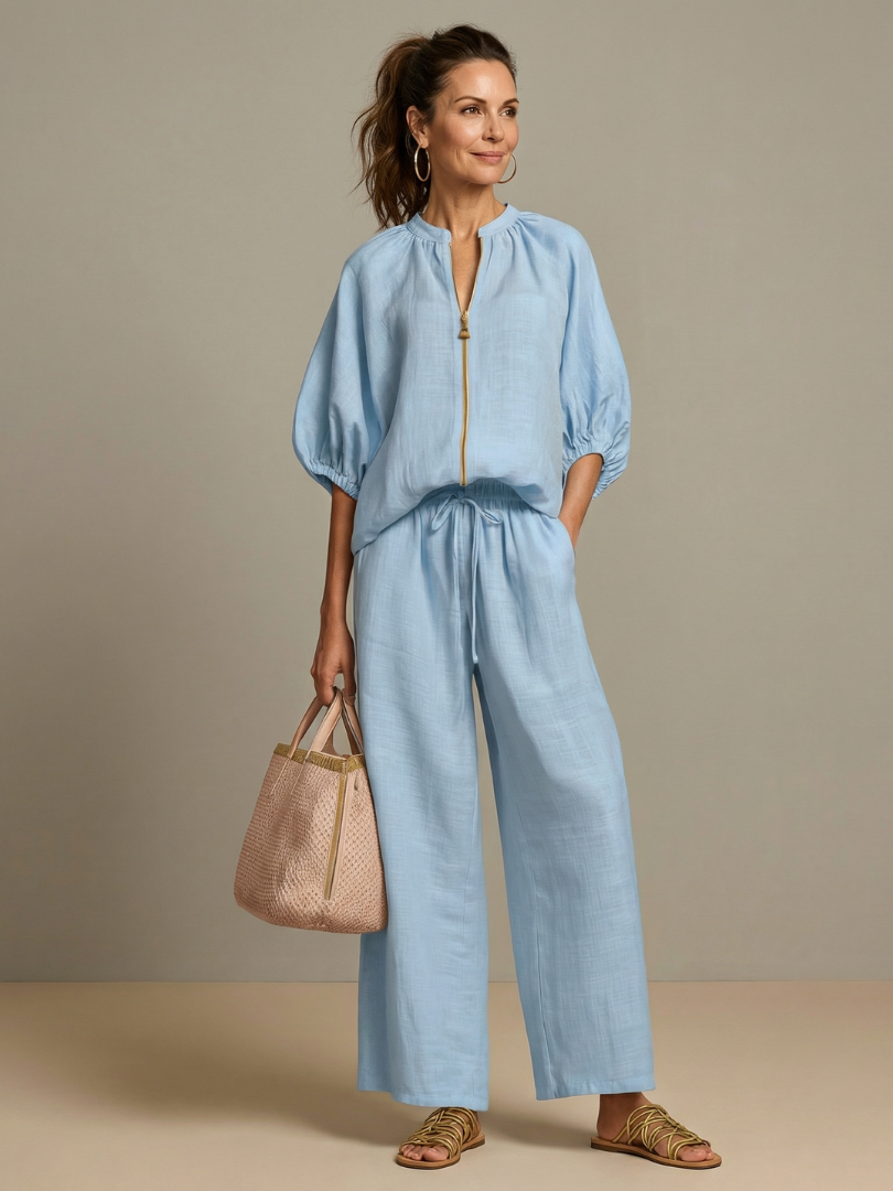 Sophie - Casual Women's Linen Outfit Set with Wide Leg Trousers and Puff Sleeves