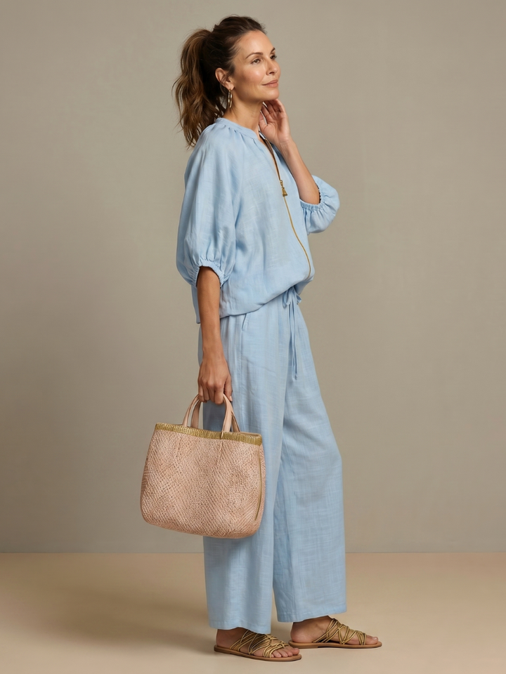 Sophie - Casual Women's Linen Outfit Set with Wide Leg Trousers and Puff Sleeves