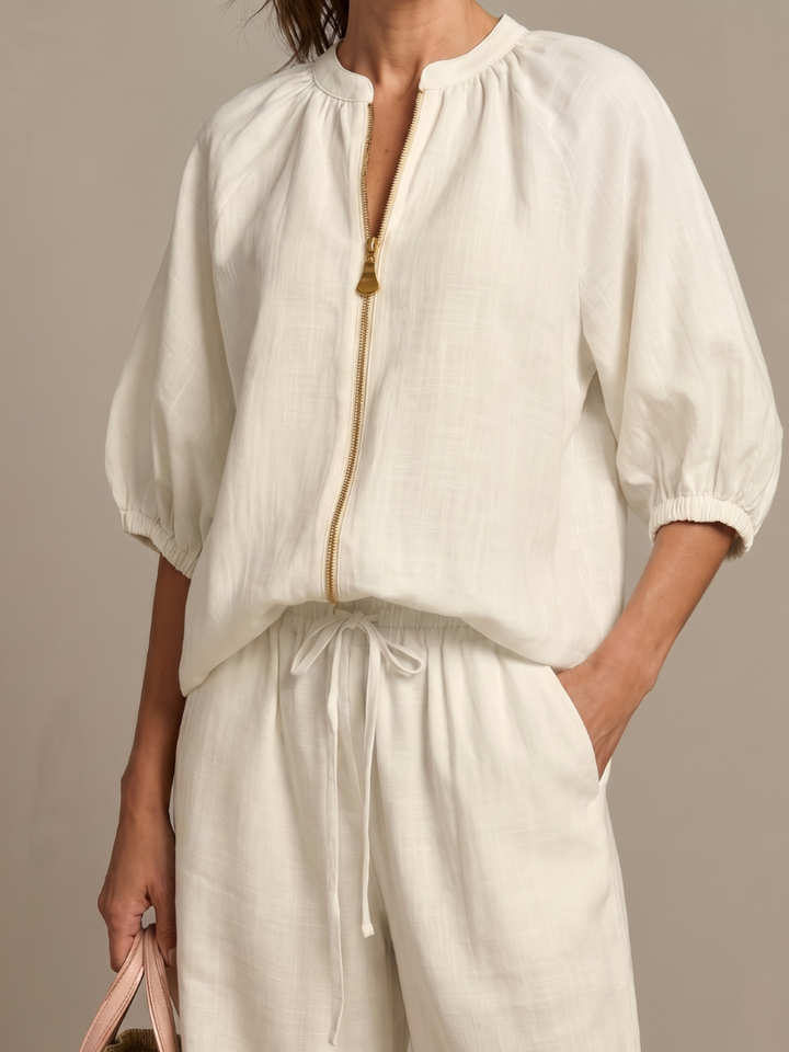 Sophie - Casual Women's Linen Outfit Set with Wide Leg Trousers and Puff Sleeves