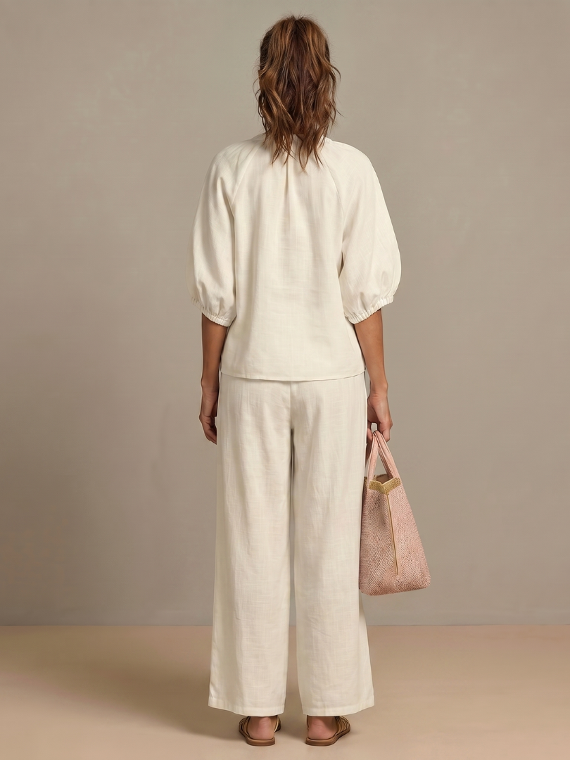 Sophie - Casual Women's Linen Outfit Set with Wide Leg Trousers and Puff Sleeves