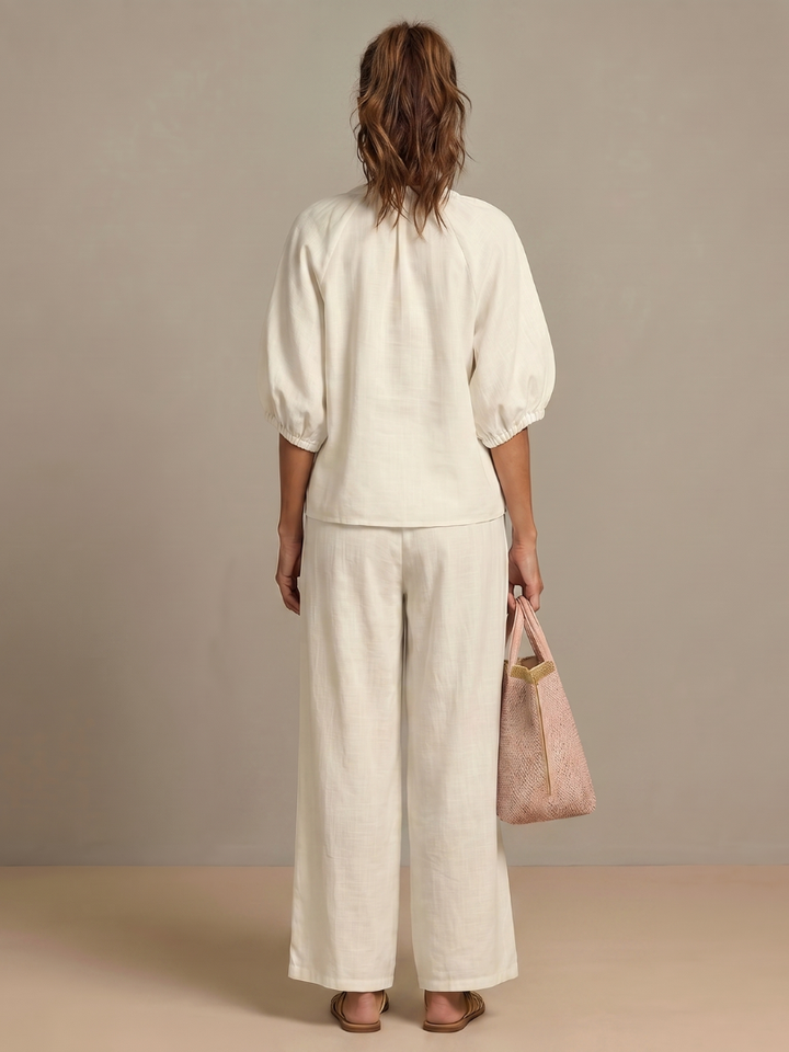 Sophie - Casual Women's Linen Outfit Set with Wide Leg Trousers and Puff Sleeves