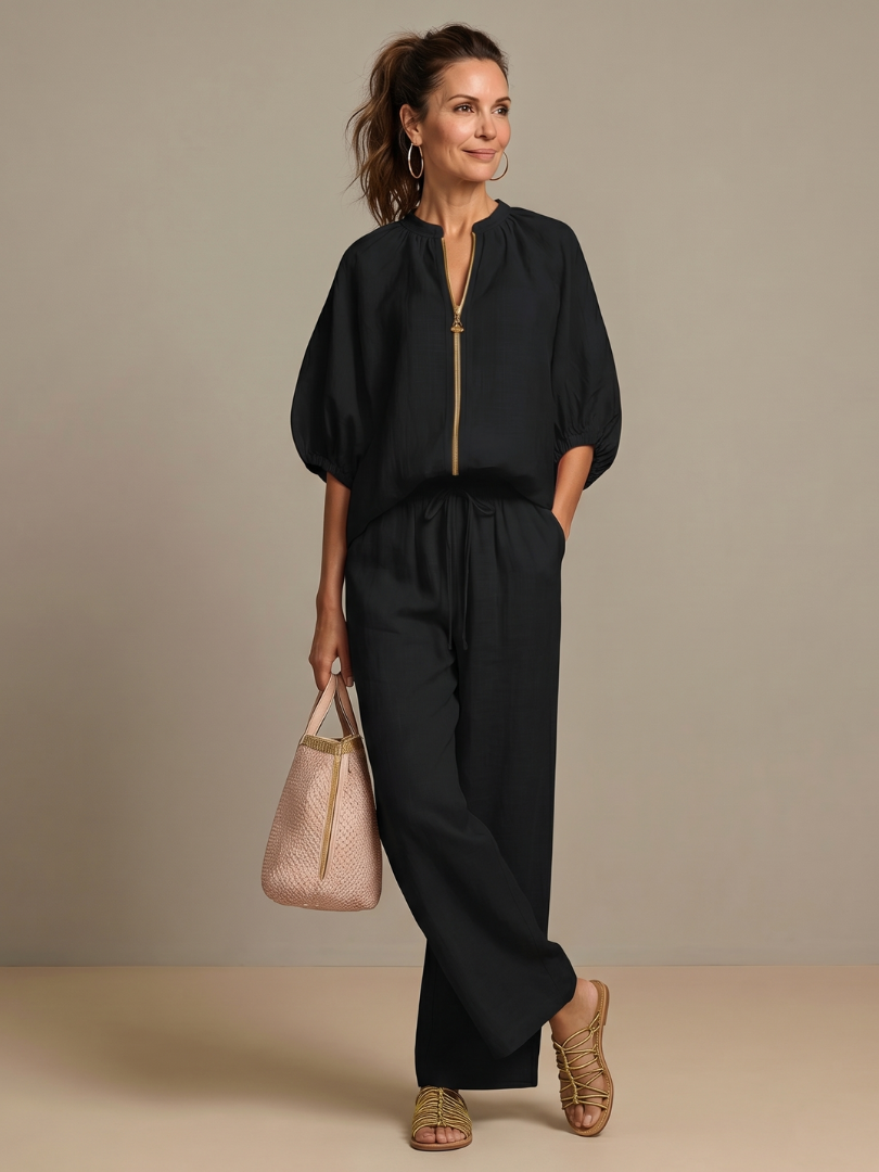 Sophie - Casual Women's Linen Outfit Set with Wide Leg Trousers and Puff Sleeves