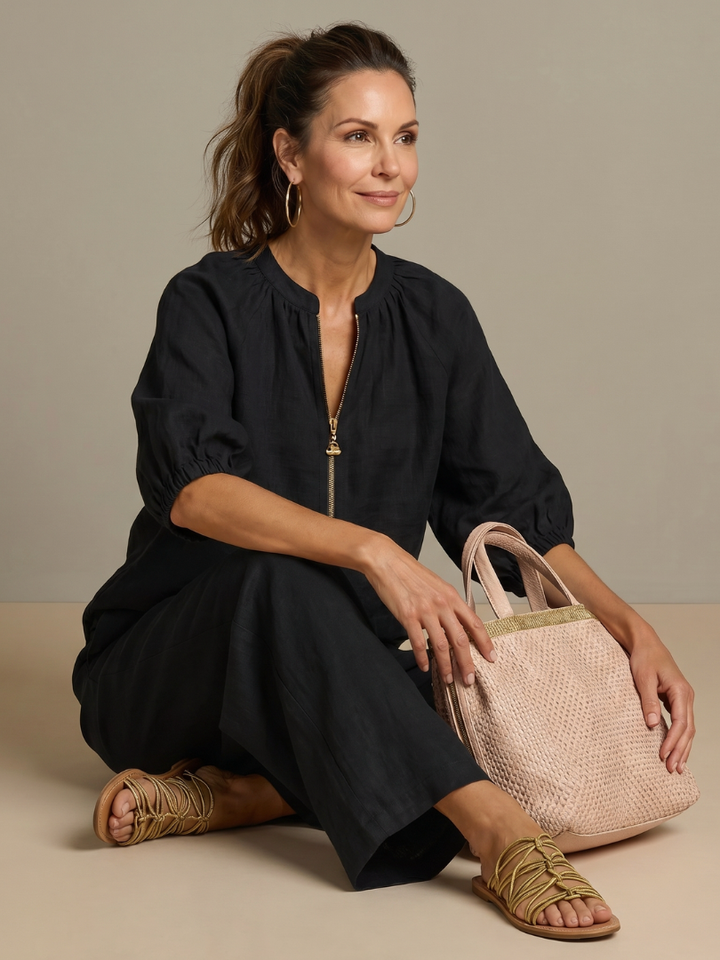 Sophie - Casual Women's Linen Outfit Set with Wide Leg Trousers and Puff Sleeves