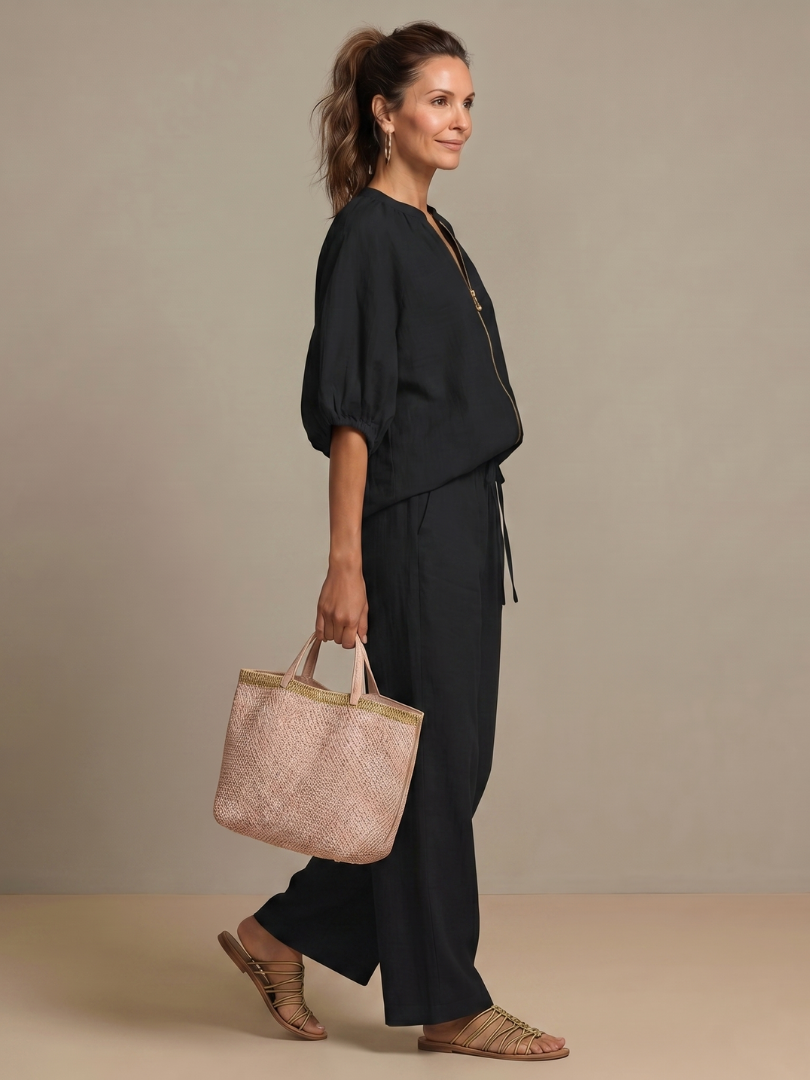 Sophie - Casual Women's Linen Outfit Set with Wide Leg Trousers and Puff Sleeves