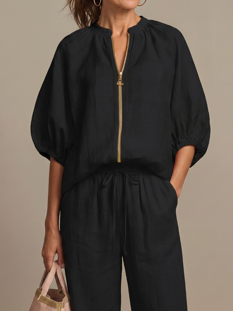 Sophie - Casual Women's Linen Outfit Set with Wide Leg Trousers and Puff Sleeves