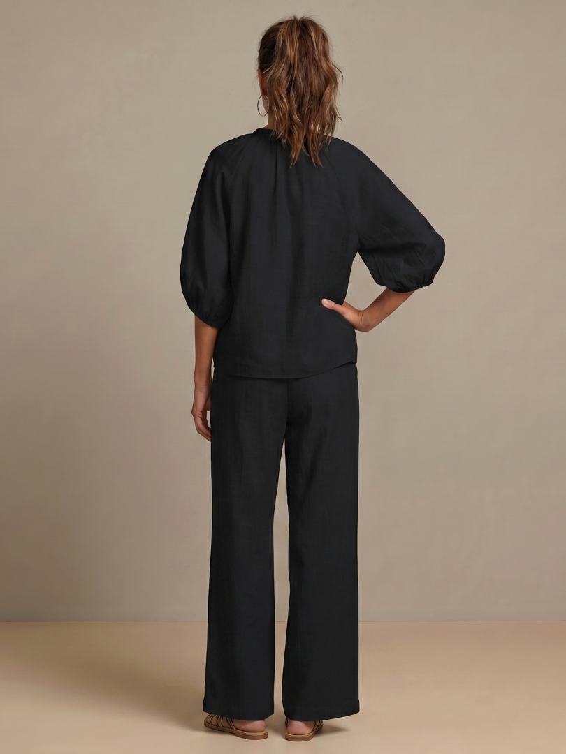 Sophie - Casual Women's Linen Outfit Set with Wide Leg Trousers and Puff Sleeves