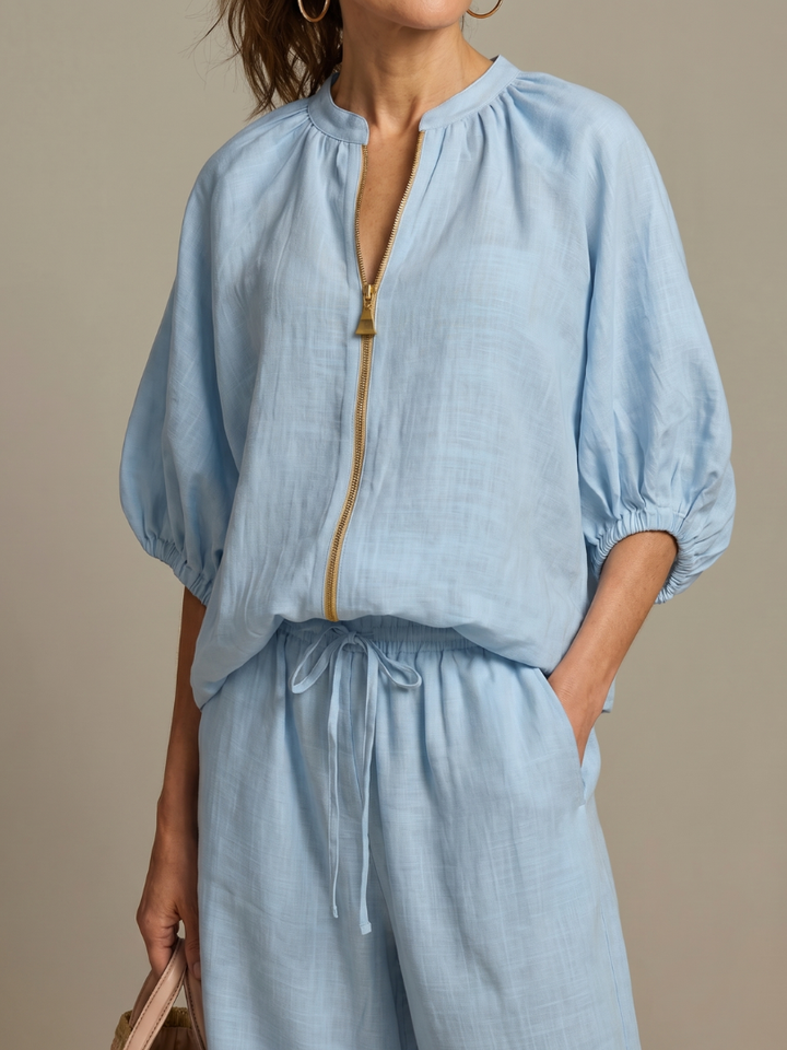 Sophie - Casual Women's Linen Outfit Set with Wide Leg Trousers and Puff Sleeves