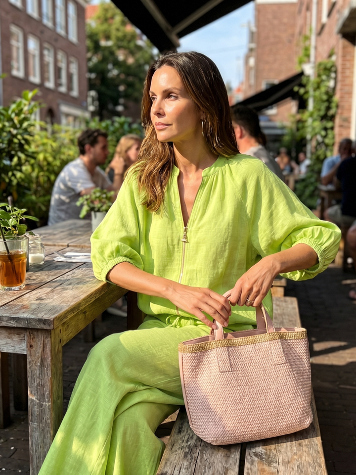 Sophie - Casual Women's Linen Outfit Set with Wide Leg Trousers and Puff Sleeves