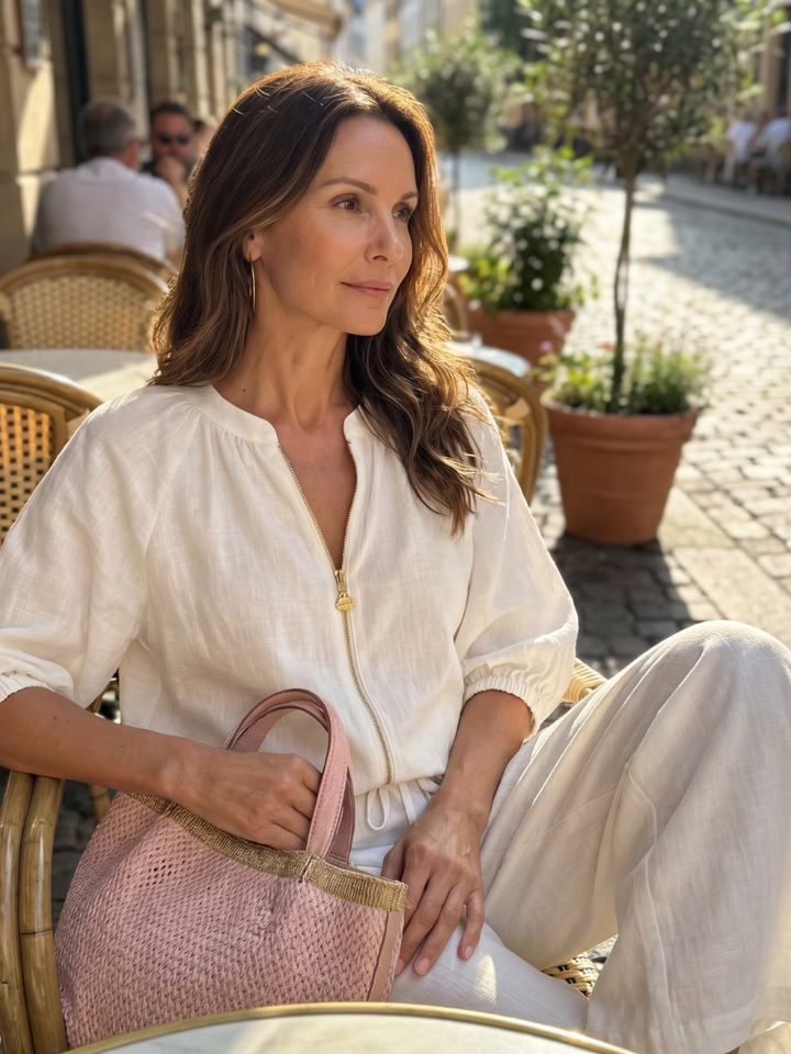 Sophie - Casual Women's Linen Outfit Set with Wide Leg Trousers and Puff Sleeves