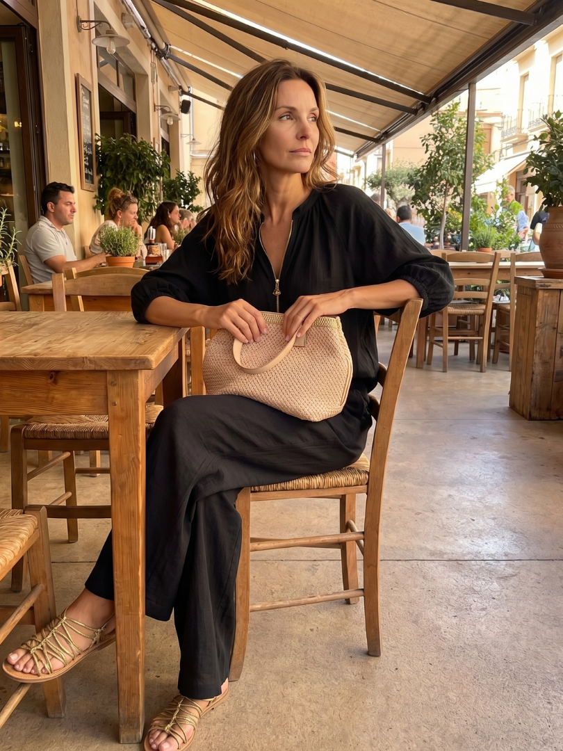 Sophie - Casual Women's Linen Outfit Set with Wide Leg Trousers and Puff Sleeves