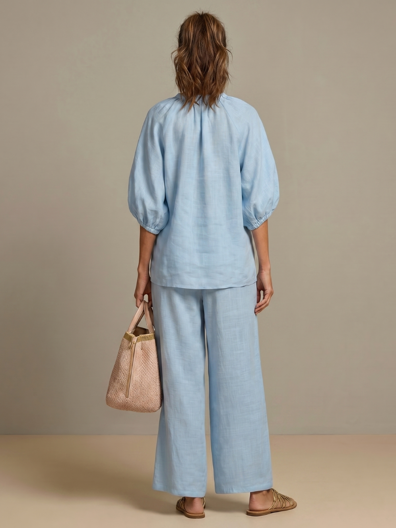 Sophie - Casual Women's Linen Outfit Set with Wide Leg Trousers and Puff Sleeves